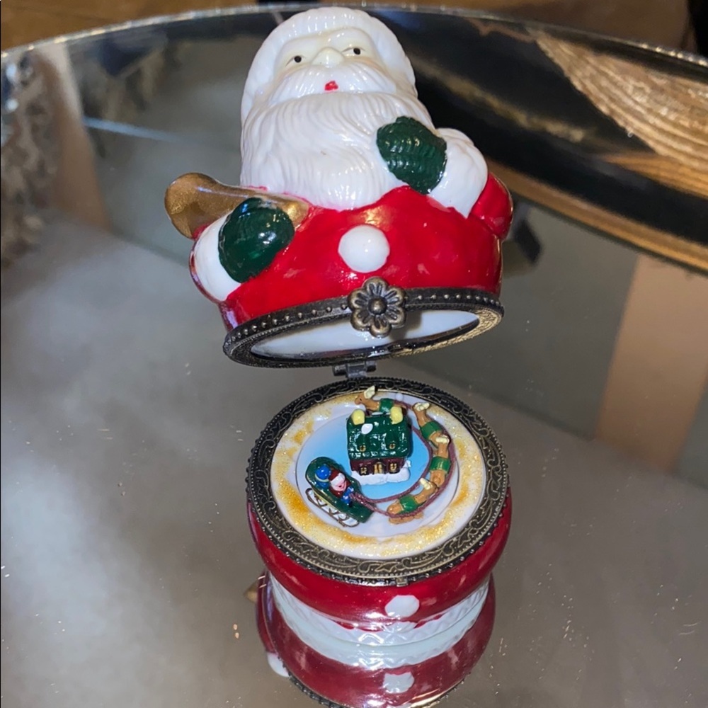 Box3 Festive Santa Porcelain Trinket Box with Hinged Music Box- Red and Gold